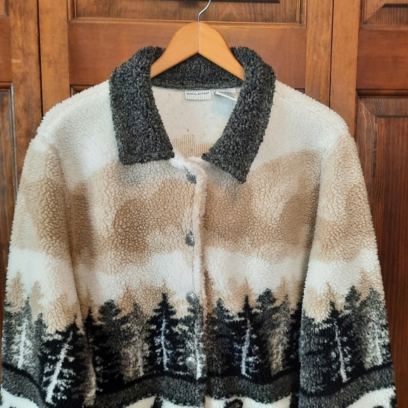 White Stag fuzzy sherpa mountain scene button front teddy jacket coat size XL - Picture 2 of 12